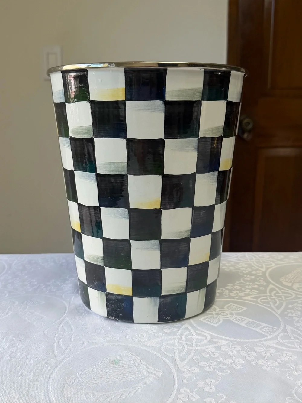 Mackenzie-Childs Wastebasket in Black and White Courtly Check